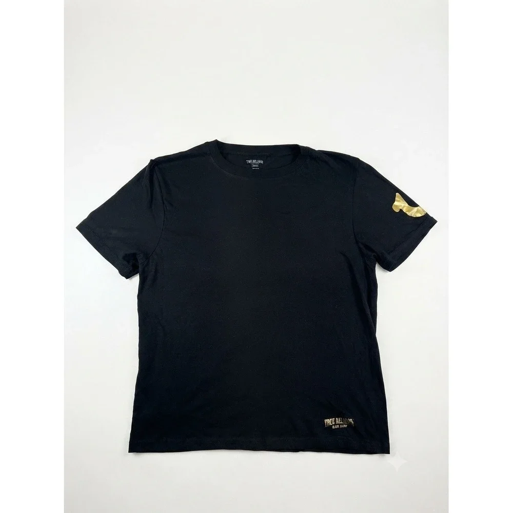 True Religion Black T-Shirt Men's Large Gold Logo Graphic Tee Cotton Crewneck